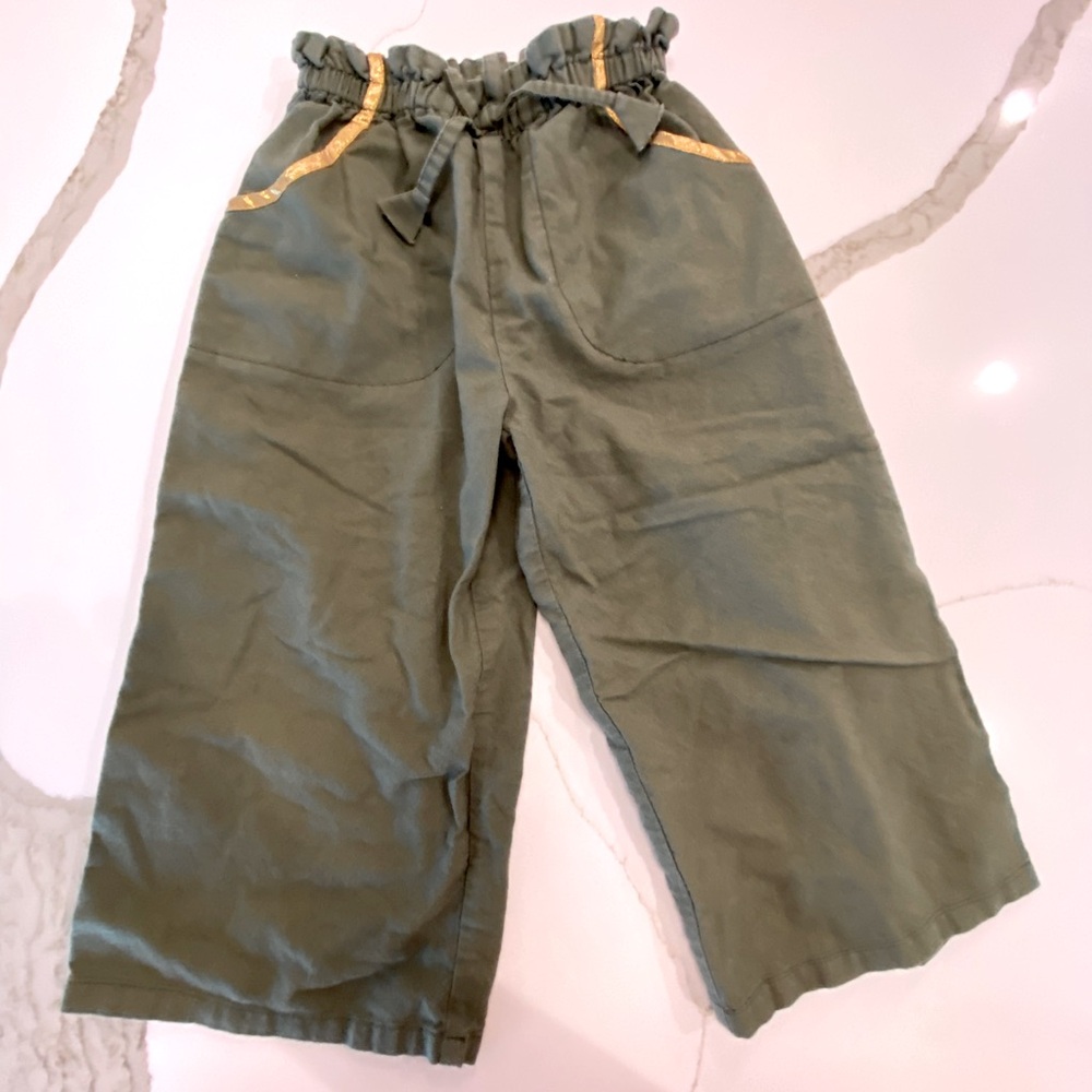 Olive Green Kids Wide Leg Pants with Gold Trim